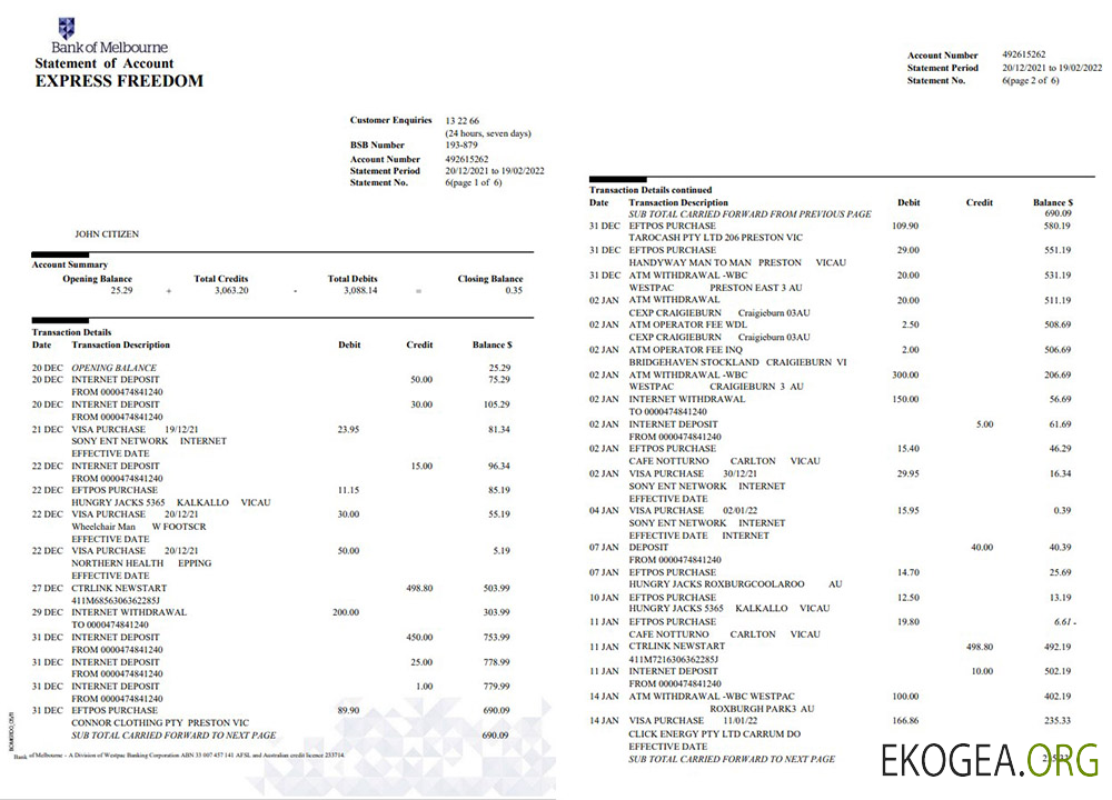 Relevé de compte bancaire de l'Australia Bank of Melbourne, 6 pages